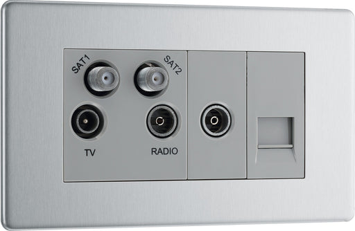 BG Electrical Flatplate Screwless Brushed Steel - Quadplex, 2 x sat, BT outlet and co-ax returned - screened