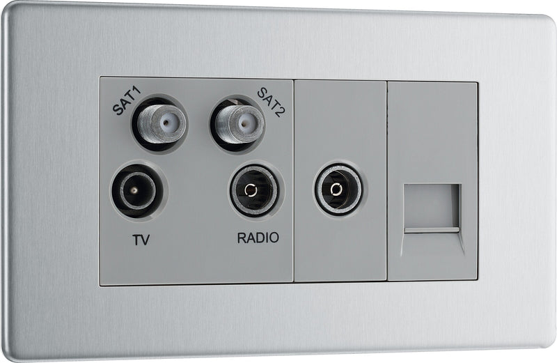 BG Electrical Flatplate Screwless Brushed Steel - Quadplex, 2 x sat, BT outlet and co-ax returned - screened