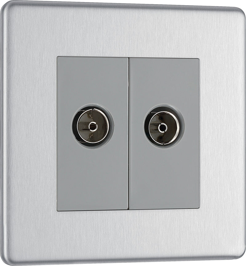 BG Electrical Flatplate Screwless Brushed Steel - Double, TV/FM