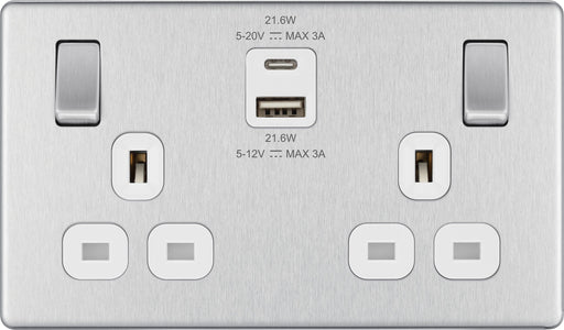 BG Electrical Flatplate Screwless Brushed Steel - Double switched single pole, with USB A + C (22W)