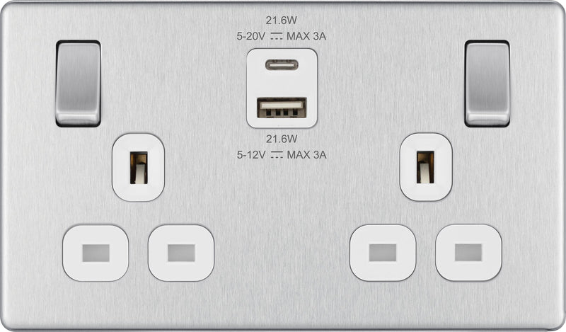BG Electrical Flatplate Screwless Brushed Steel - Double switched single pole, with USB A + C (22W)