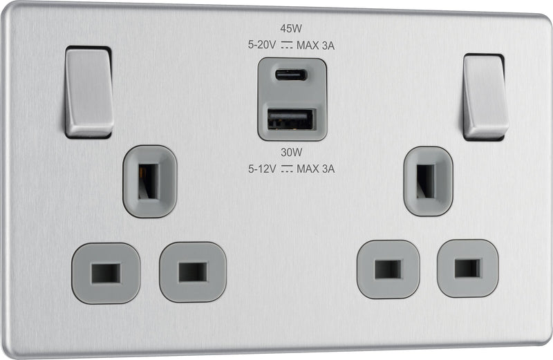 BG Electrical Flatplate Screwless Brushed Steel - Double switched single pole, with USB A + C (45W)