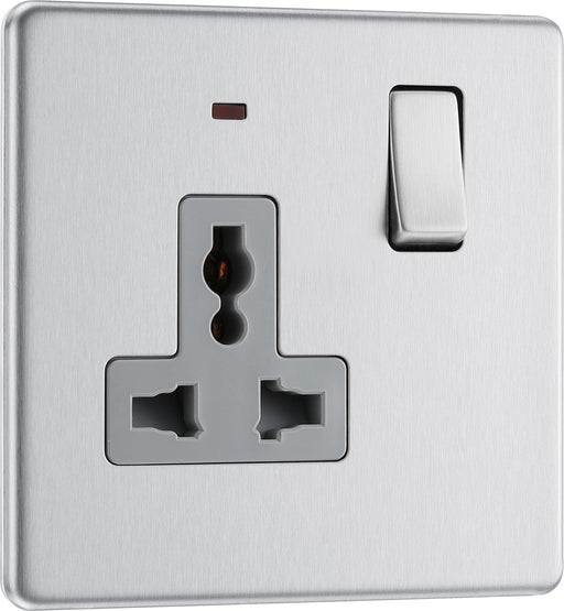 BG Electrical Flatplate Screwless Brushed Steel - Single, switched, universal with indicator (export only)