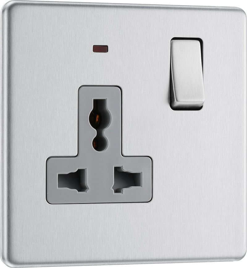 BG Electrical Flatplate Screwless Brushed Steel - Single, switched, universal with indicator (export only)