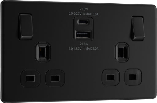 BG Electrical Flatplate Screwless Matt Black - Double switched single pole, with USB A + C (22W)