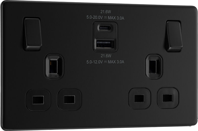 BG Electrical Flatplate Screwless Matt Black - Double switched single pole, with USB A + C (22W)