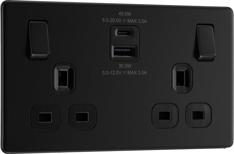 BG Electrical Flatplate Screwless Matt Black - Double switched single pole, with USB A + C (45W)
