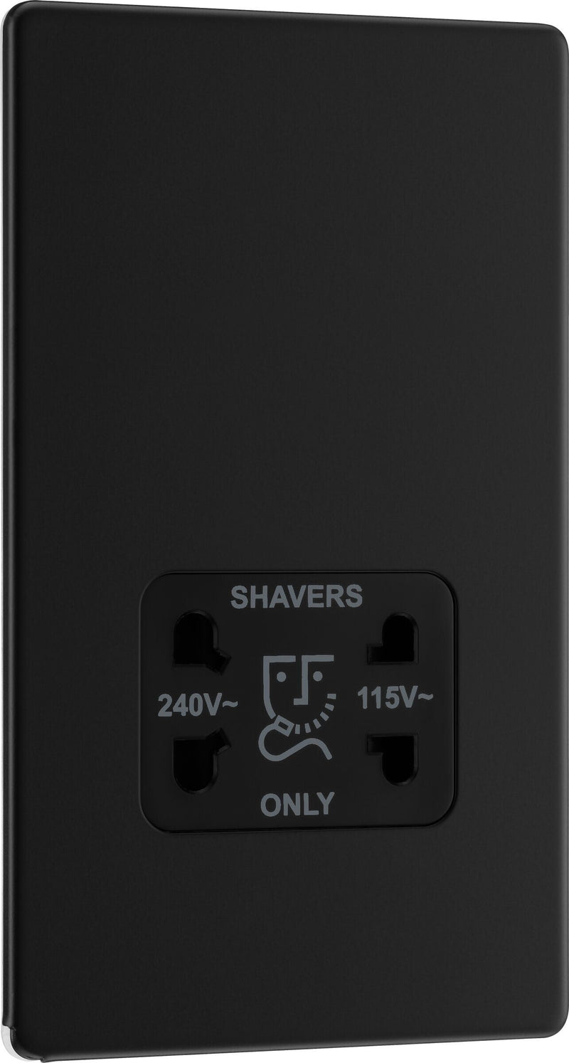 BG Electrical Flatplate Screwless Matt Black - 115/240V dual voltage shaver socket
