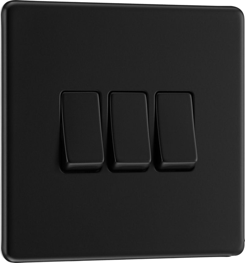 BG Electrical Flatplate Screwless Matt Black - Triple, 2 way switch