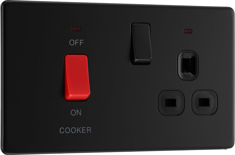 BG Electrical Flatplate Screwless Matt Black - 45A double pole, with switched socket and indicators