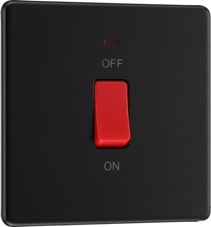 BG Electrical Flatplate Screwless Matt Black - 45A, double pole, single plate, with indicator