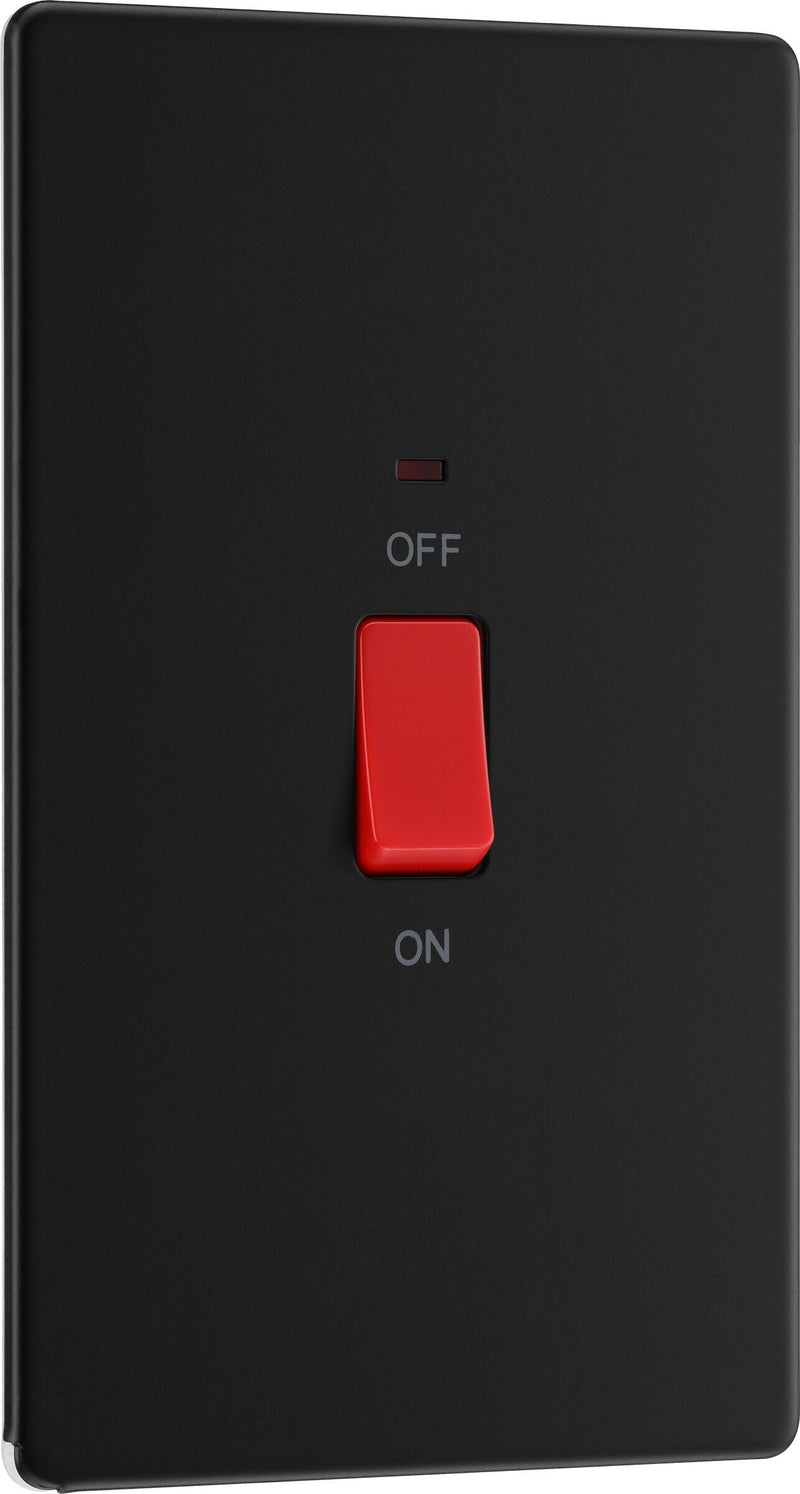 BG Electrical Flatplate Screwless Matt Black - 45A, double pole, large plate, with indicator
