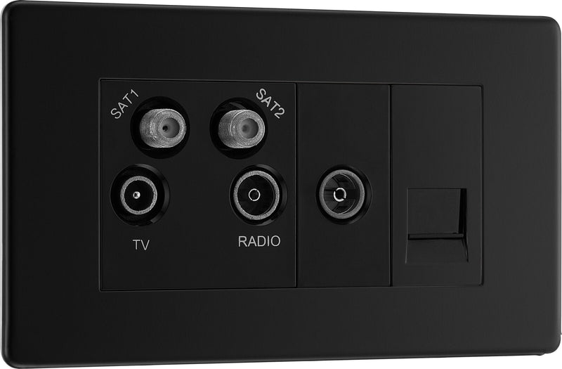 BG Electrical Flatplate Screwless Matt Black - Quadplex 2 x sat, BT outlet and co-ax returned - screened