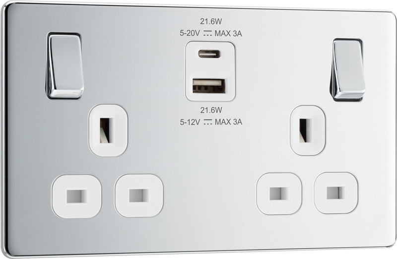 BG Electrical Flatplate Screwless Polished Chrome - Double switched single pole, with USB A + C (22W)