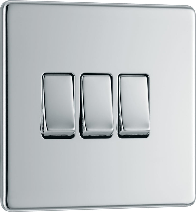 BG Electrical Flatplate Screwless Polished Chrome - Triple, 2 way switch