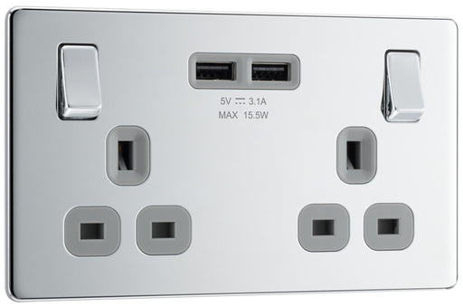BG Electrical Flatplate Screwless Polished Chrome - Double switched, single pole, with 2 x USB A