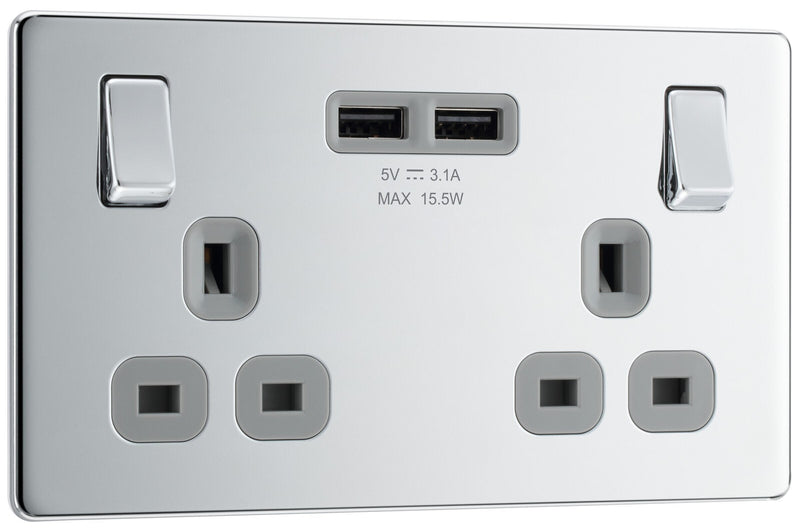 BG Electrical Flatplate Screwless Polished Chrome - Double switched, single pole, with 2 x USB A