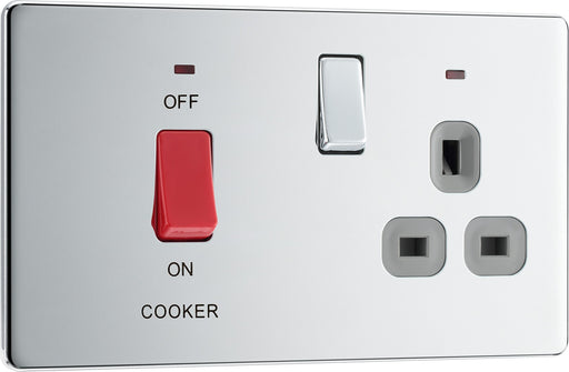 BG Electrical Flatplate Screwless Polished Chrome - 45A double pole, with switched socket and indicators