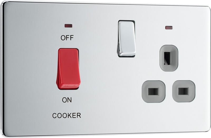 BG Electrical Flatplate Screwless Polished Chrome - 45A double pole, with switched socket and indicators