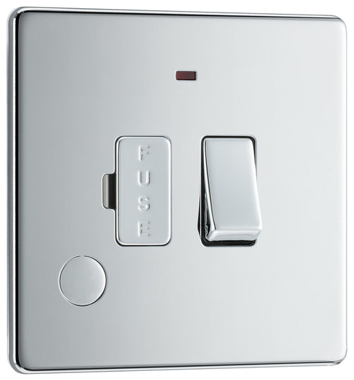 BG Electrical Flatplate Screwless Polished Chrome - Switched and fused with indicator and flex outlet