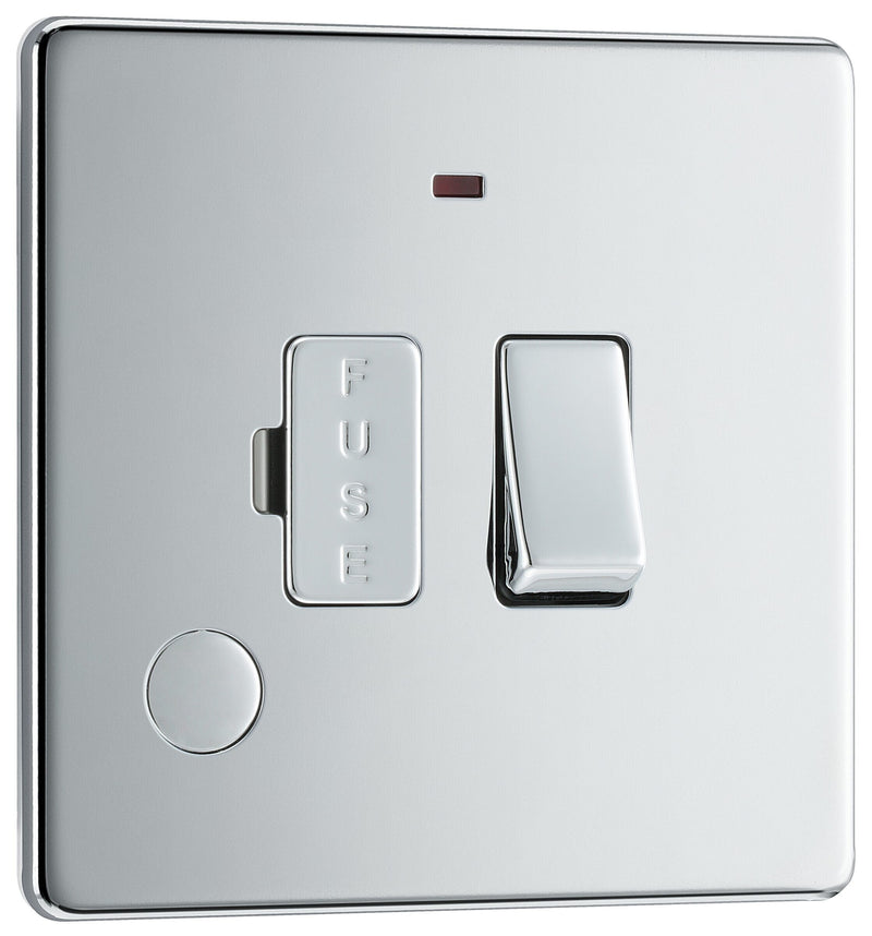 BG Electrical Flatplate Screwless Polished Chrome - Switched and fused with indicator and flex outlet