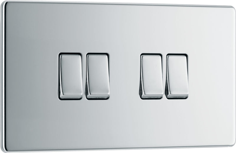 BG Electrical Flatplate Screwless Polished Chrome - Quadruple, 2 way switch