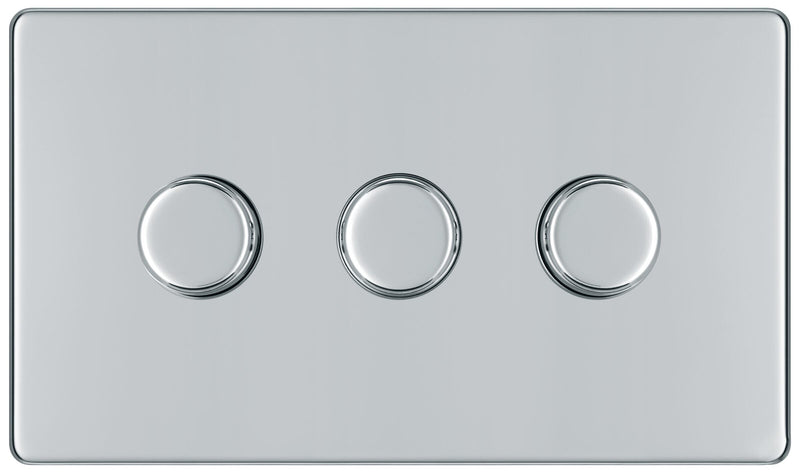 BG Electrical Flatplate Screwless Polished Chrome - Triple, 2 way push 200W