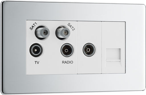BG Electrical Flatplate Screwless Polished Chrome - Quadplex, 2 x sat, BT outlet and co-ax returned - screened