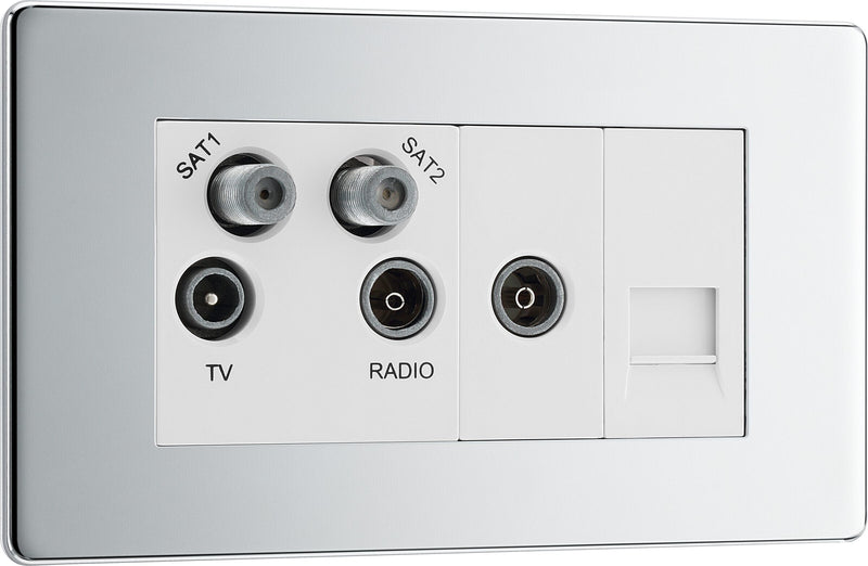 BG Electrical Flatplate Screwless Polished Chrome - Quadplex, 2 x sat, BT outlet and co-ax returned - screened