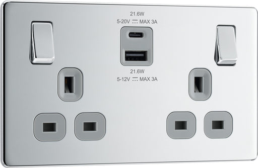 BG Electrical Flatplate Screwless Polished Chrome - Double switched single pole, with USB A + C (22W)