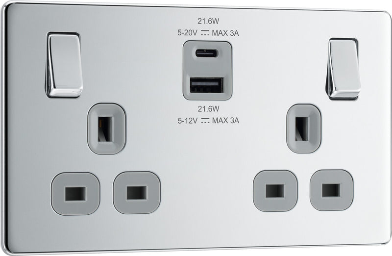 BG Electrical Flatplate Screwless Polished Chrome - Double switched single pole, with USB A + C (22W)