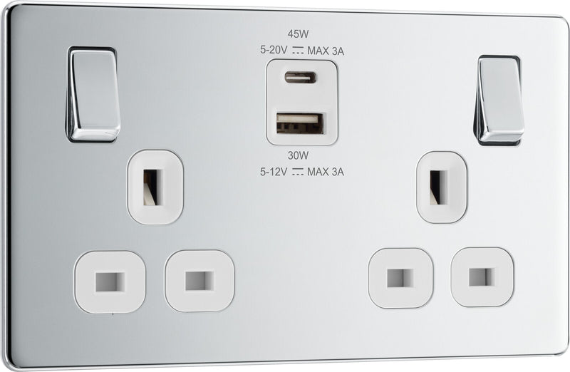 BG Electrical Flatplate Screwless Polished Chrome - Double switched single pole, with USB A + C (45W)