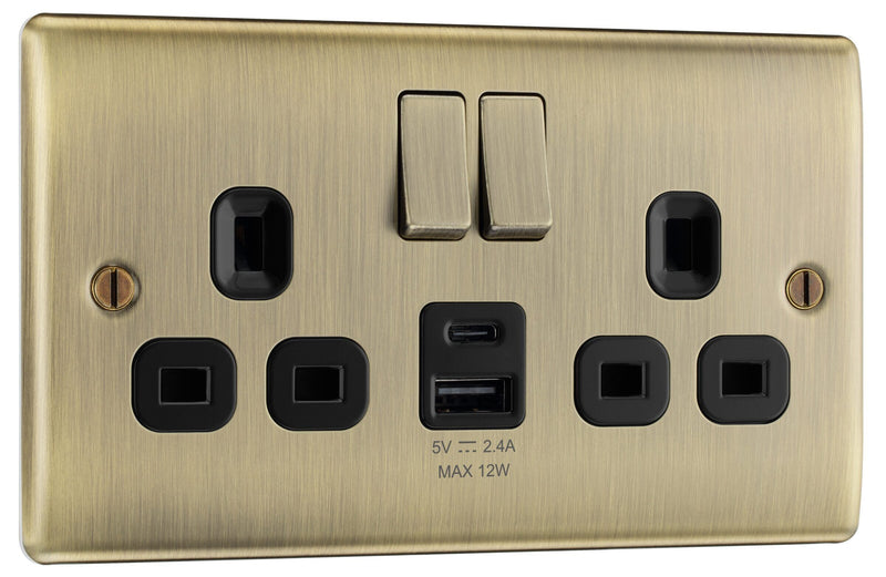 BG Electrical Nexus Metal Antique Brass - Double switched single pole, with USB A + C (12W)