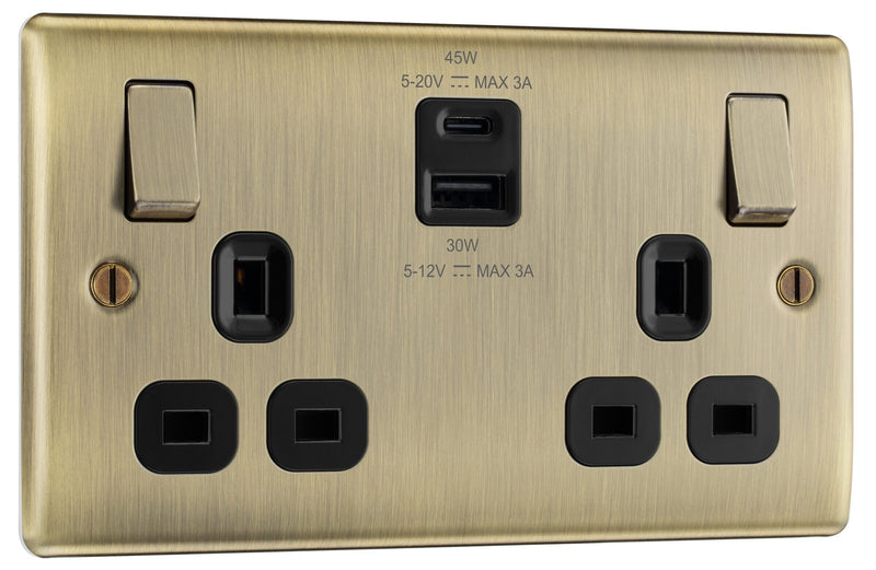 BG Electrical Nexus Metal Antique Brass - Double switched single pole, with USB A + C (45W)
