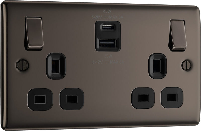 BG Electrical Nexus Metal Black Nickel - Double switched single pole, with USB A + C (45W)