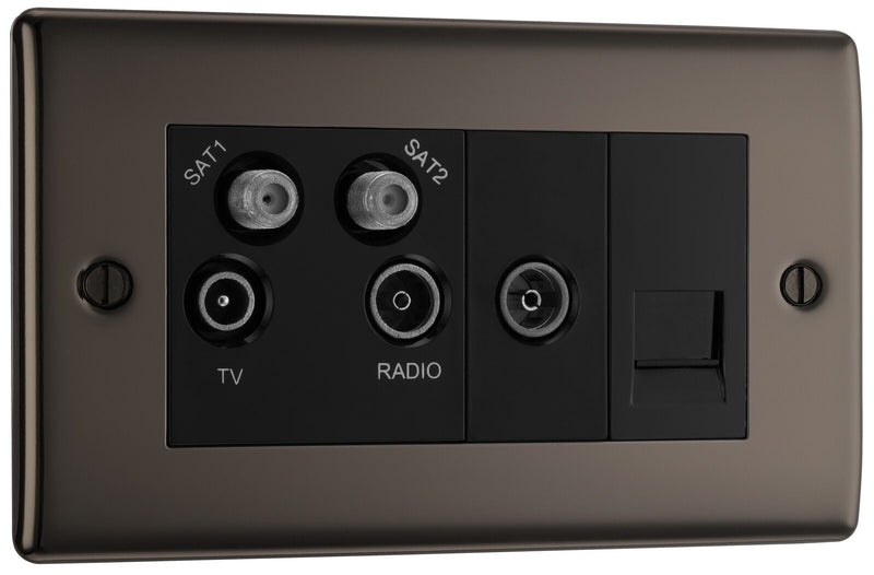 BG Electrical Nexus Metal Black Nickel - Quadplex, 2 x sat, BT outlet and co-ax returned - screened