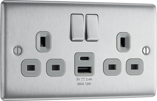 BG Electrical Nexus Metal Brushed Steel - Double switched single pole, with USB A + C (12W)