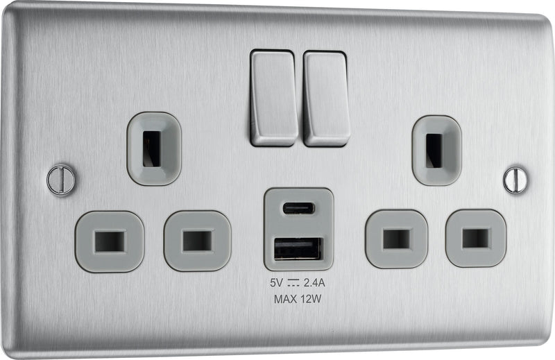 BG Electrical Nexus Metal Brushed Steel - Double switched single pole, with USB A + C (12W)