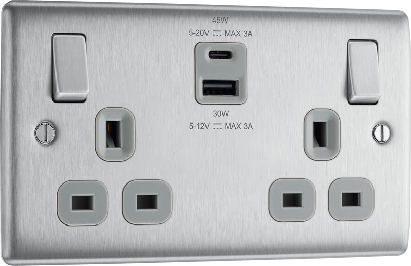 BG Electrical Nexus Metal Brushed Steel - Double switched single pole, with USB A + C (45W)