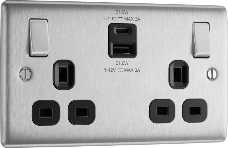 BG Electrical Nexus Metal Brushed Steel - Double switched single pole, with USB A + C (22W)