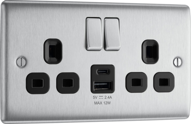 BG Electrical Nexus Metal Brushed Steel - Double switched single pole, with USB A + C (12W)