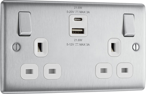 BG Electrical Nexus Metal Brushed Steel - Double switched single pole, with USB A + C (22W)