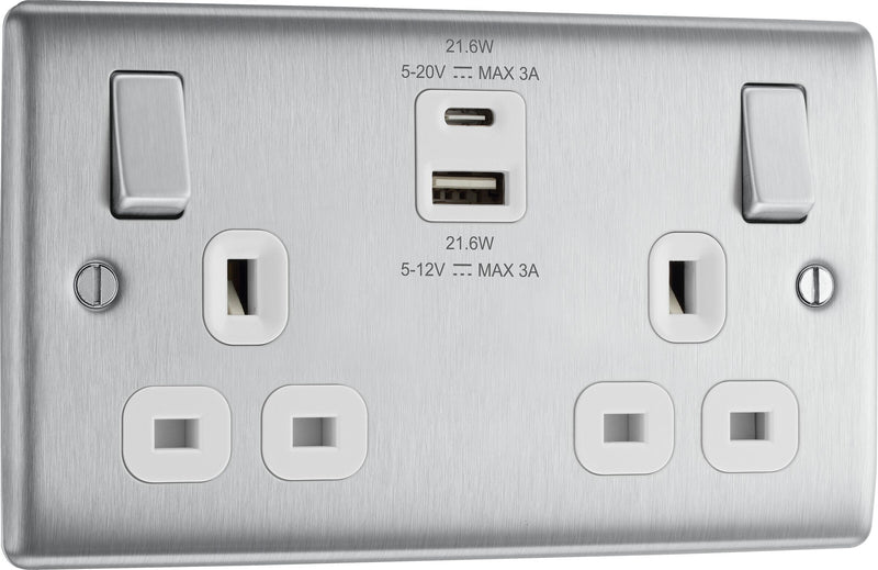 BG Electrical Nexus Metal Brushed Steel - Double switched single pole, with USB A + C (22W)