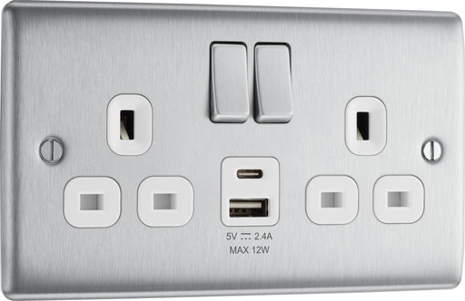 BG Electrical Nexus Metal Brushed Steel - Double switched single pole, with USB A + C (12W)
