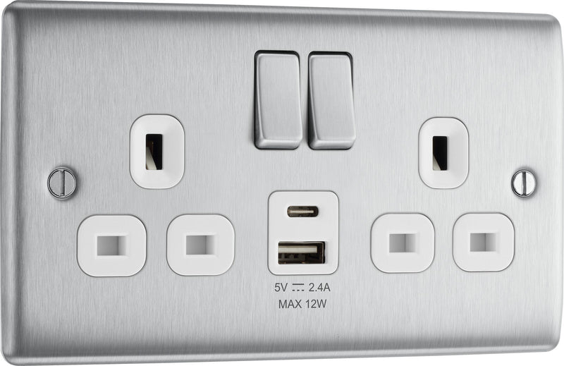 BG Electrical Nexus Metal Brushed Steel - Double switched single pole, with USB A + C (12W)