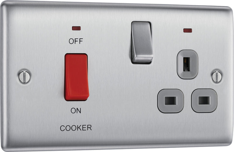 BG Electrical Nexus Metal Brushed Steel - 45A double pole, with switched socket and indicators
