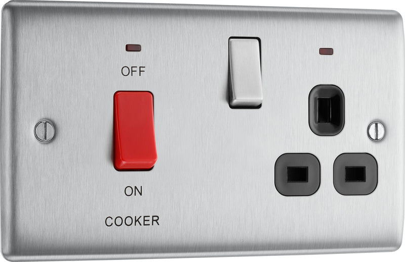 BG Electrical Nexus Metal Brushed Steel - 45A double pole, with switched socket and indicators