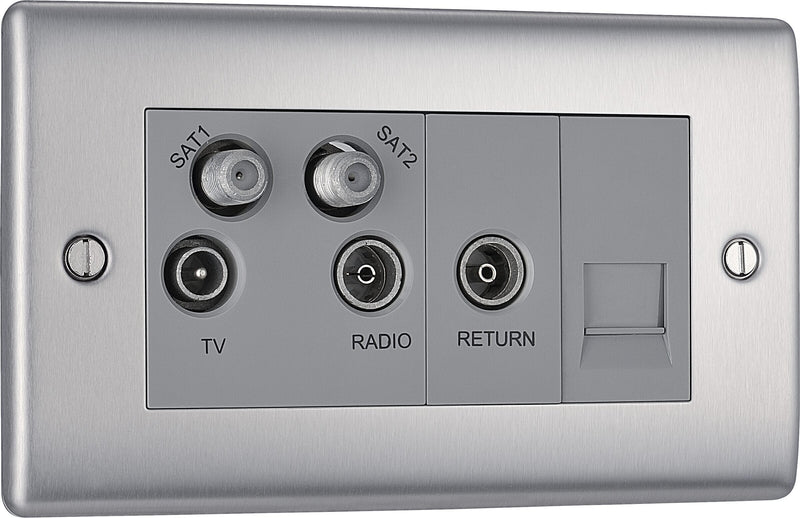 BG Electrical Nexus Metal Brushed Steel - Quadplex, 2 x sat, BT outlet and co-ax returned - screened