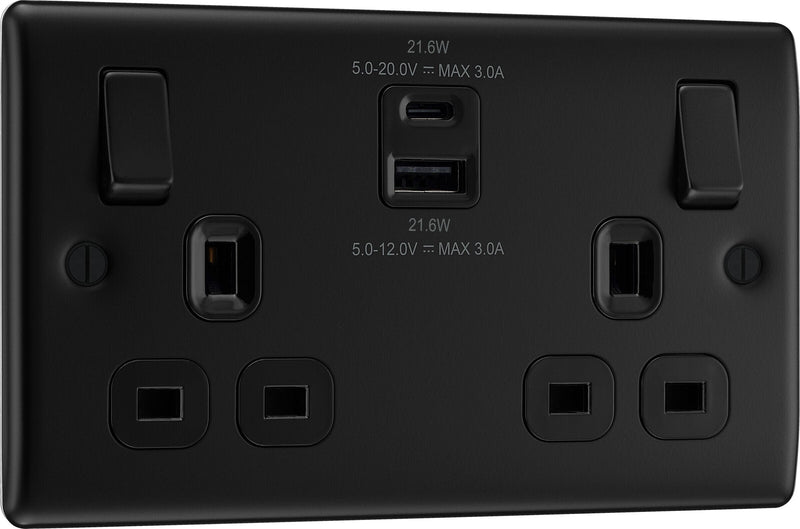 BG Electrical Nexus Metal Matt Black - Double switched single pole, with USB A + C (22W)