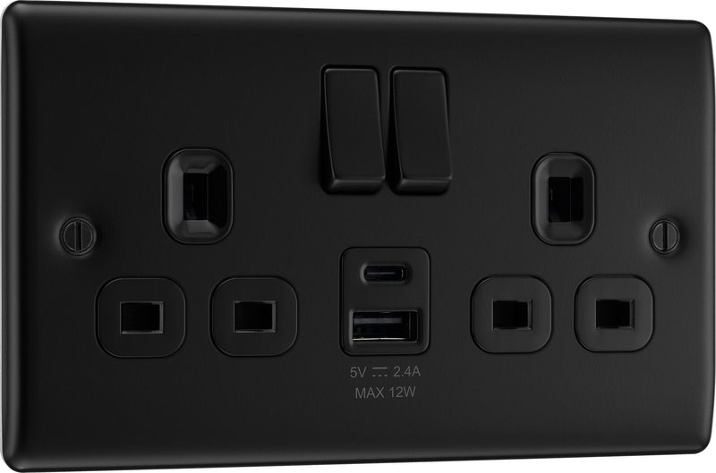 BG Electrical Nexus Metal Matt Black - Double switched single pole, with USB A + C (12W)